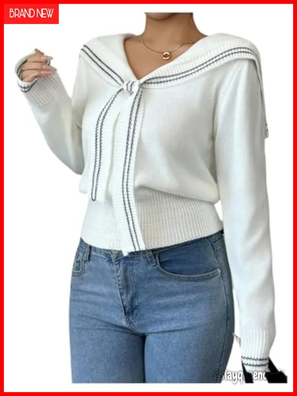 Striped Collared V Neck Sweater Long Sleeve Cinched Waist Knitted Pullover